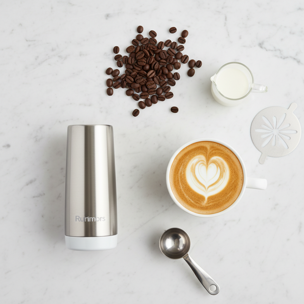 Milk frother with latte and coffee accessories flat lay