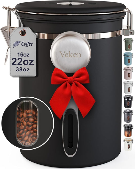 Coffee Canister with Window,Airtight Stainless Steel Pantry Container,Home Kitchen Food Storage Organizers for Ground,Beans,Espresso,Rice,Tea,Sugar,Cereal, Decor,Bar Accessories,Gifts,22Oz,Black