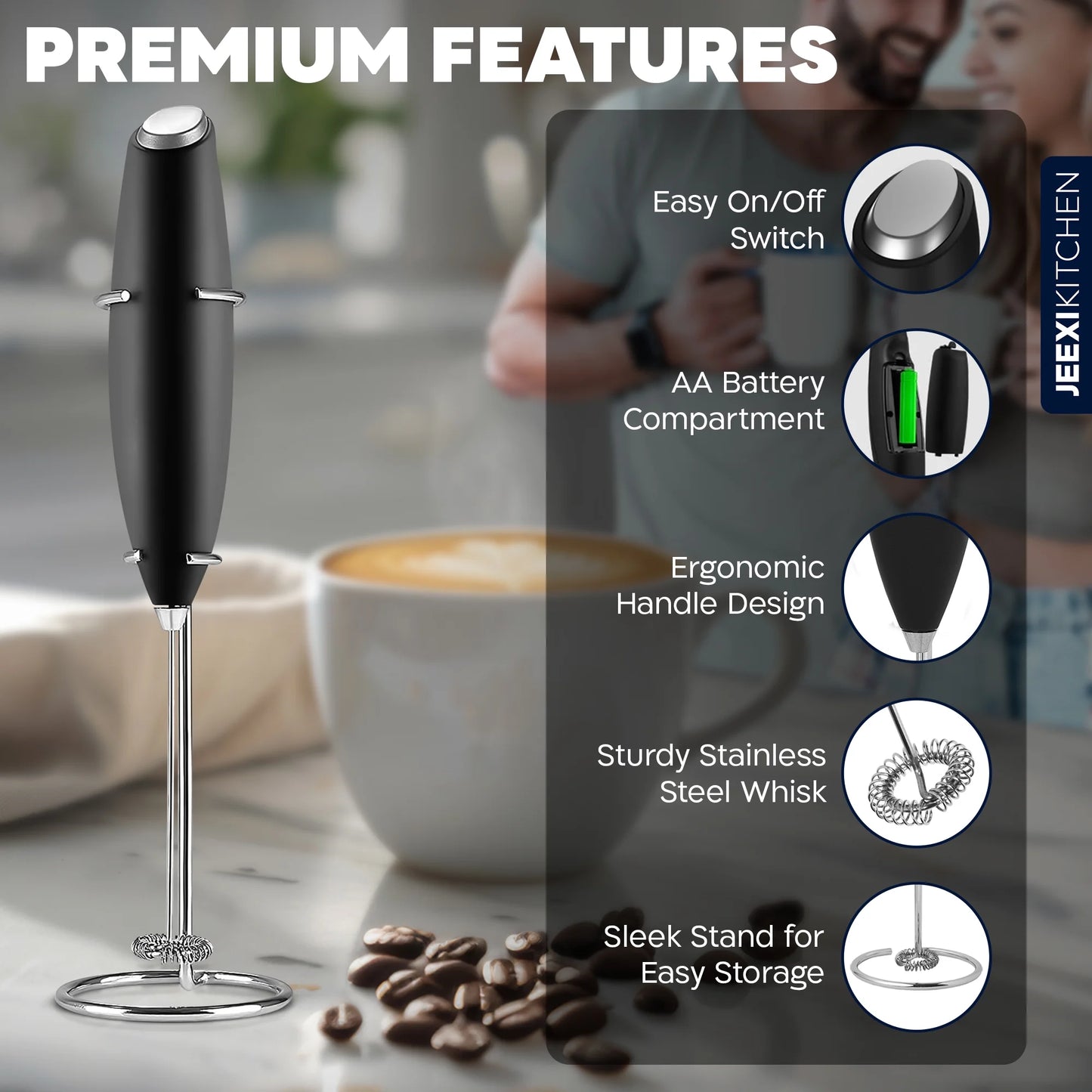 Pro Milk Frother Handheld with Stand - Powerful Coffee Frother Electric Handheld Mixer & Foam Maker - Battery Operated Frother for Coffee, Lattes, Matcha & More