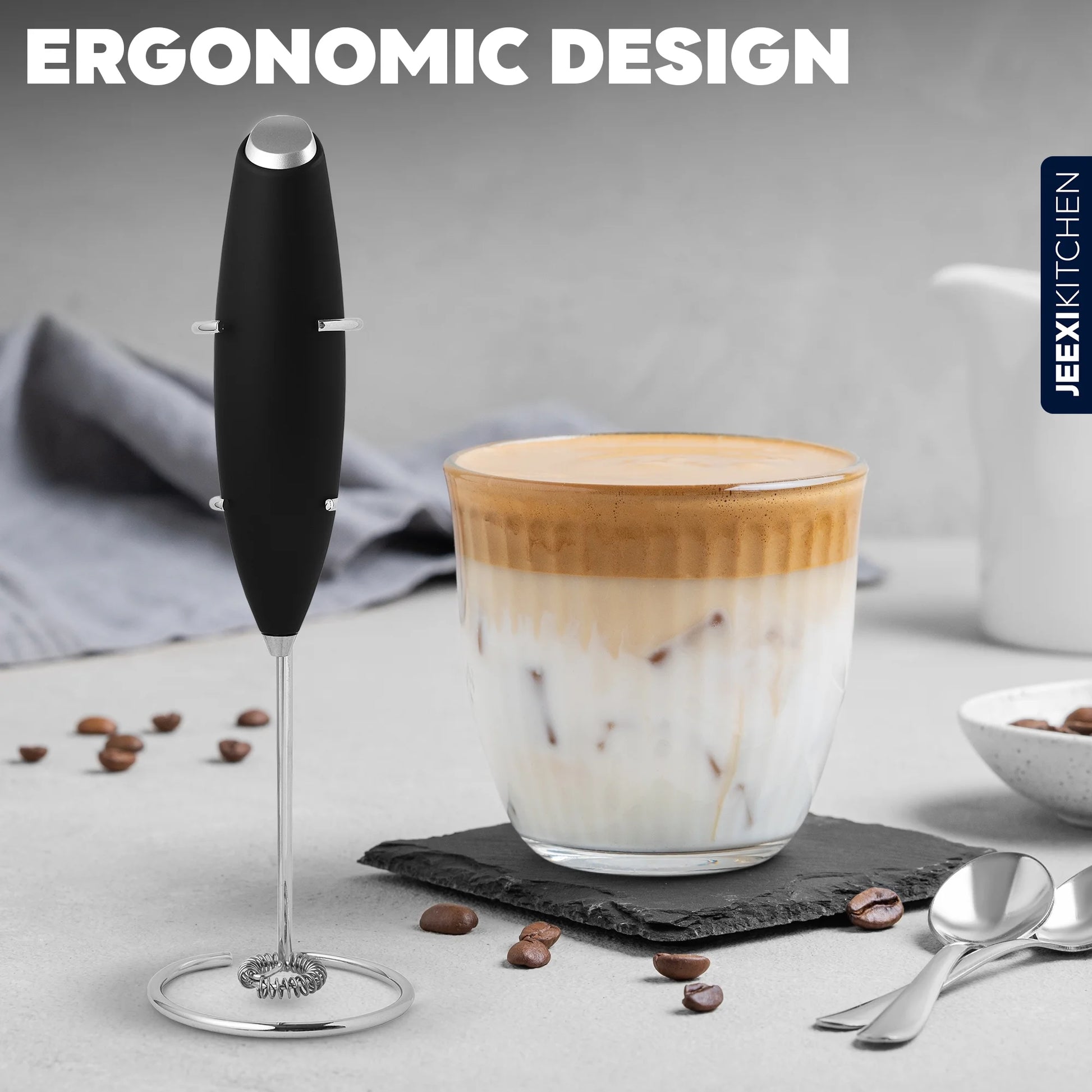 Pro Milk Frother Handheld with Stand - Powerful Coffee Frother Electric Handheld Mixer & Foam Maker - Battery Operated Frother for Coffee, Lattes, Matcha & More