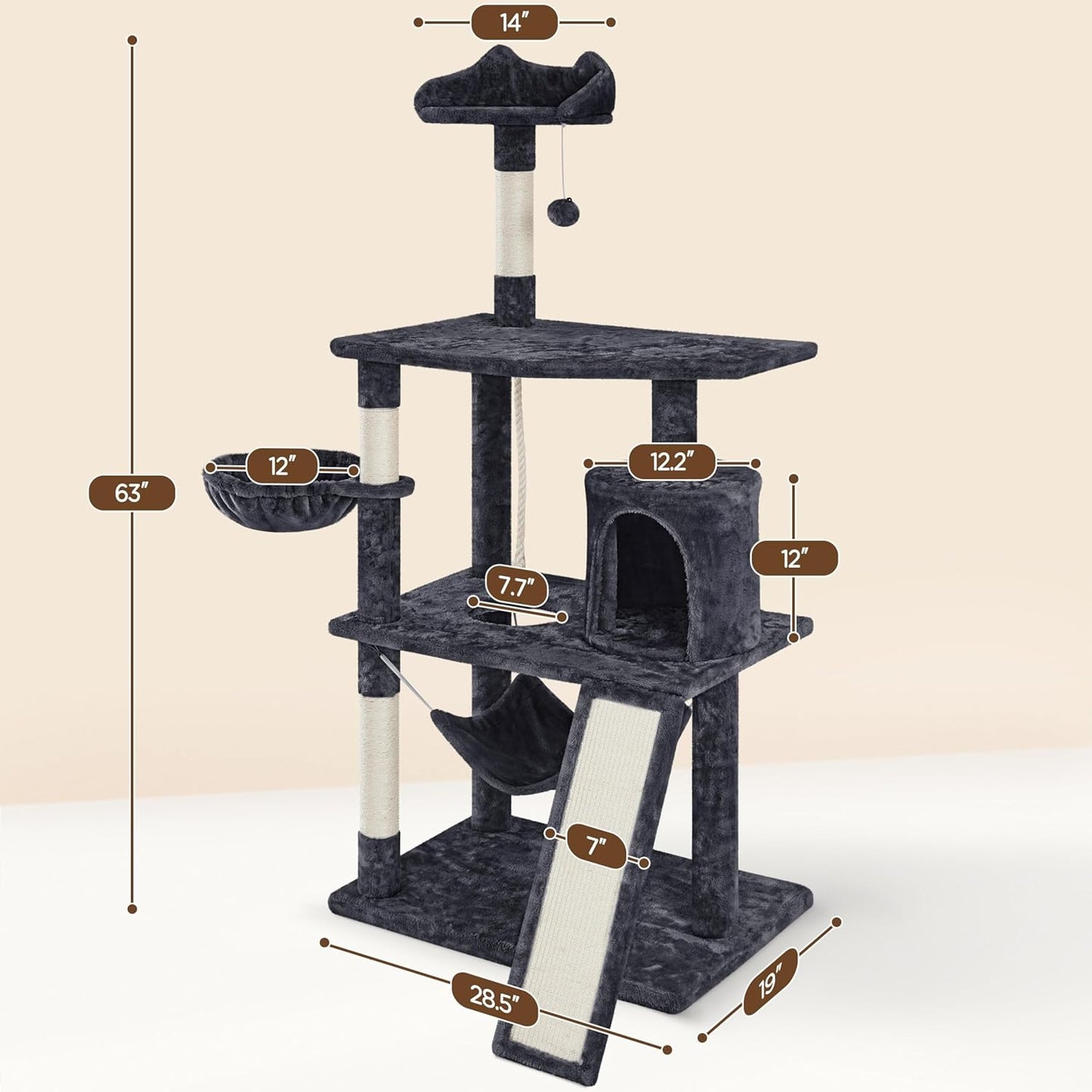 63.5In Multi-Level Cat Tree Tower Condo with Scratching Posts, Platform & Hammock, Cat Activity Center Play Furniture for Kittens, Cats & Pets