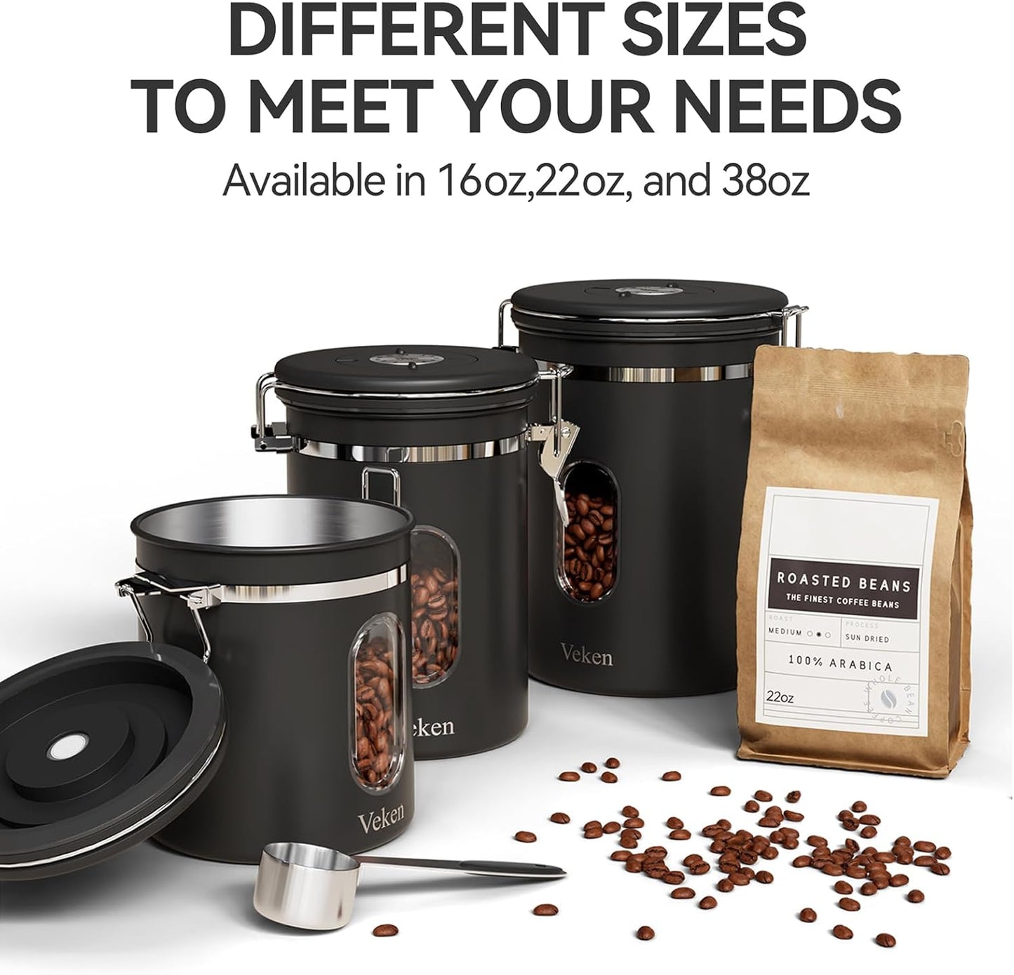 Coffee Canister with Window,Airtight Stainless Steel Pantry Container,Home Kitchen Food Storage Organizers for Ground,Beans,Espresso,Rice,Tea,Sugar,Cereal, Decor,Bar Accessories,Gifts,22Oz,Black