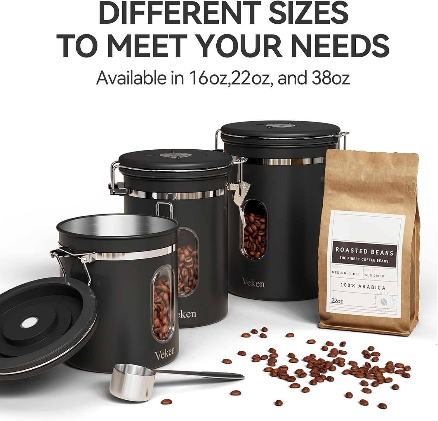 Coffee Canister with Window,Airtight Stainless Steel Pantry Container,Home Kitchen Food Storage Organizers for Ground,Beans,Espresso,Rice,Tea,Sugar,Cereal, Decor,Bar Accessories,Gifts,22Oz,Black