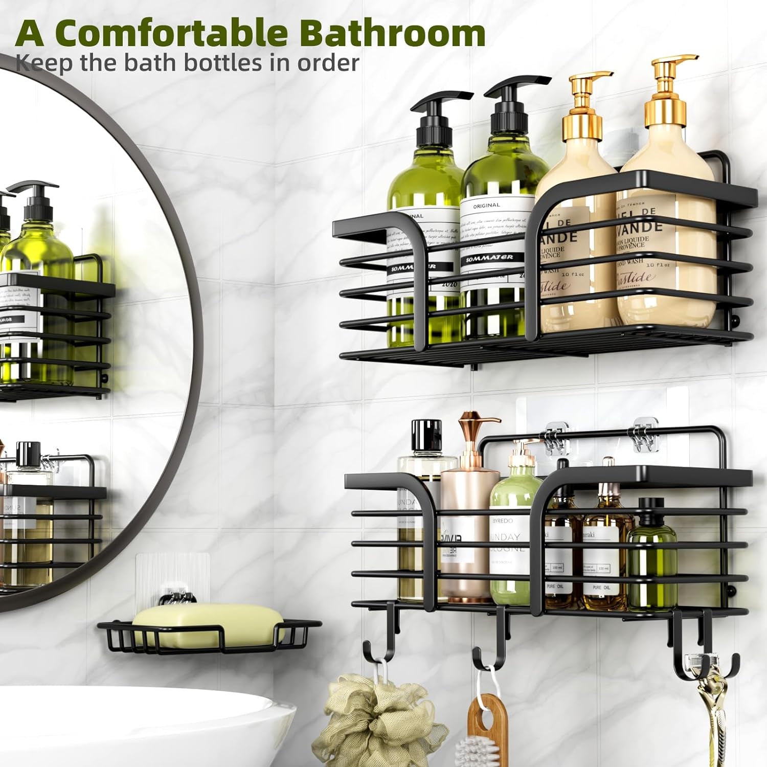 Shower Caddy, Shower Organizer with Soap Holder and Hooks, Rustproof Shower Shelves, No Drilling Bathroom Organizers and Storage, Wall-Mounted Kitchen & Home Decor (Black)