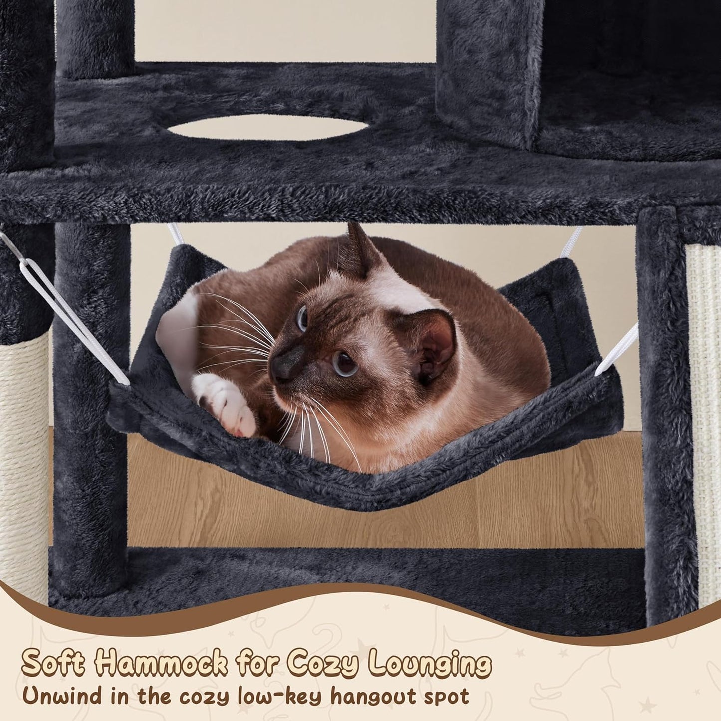 63.5In Multi-Level Cat Tree Tower Condo with Scratching Posts, Platform & Hammock, Cat Activity Center Play Furniture for Kittens, Cats & Pets