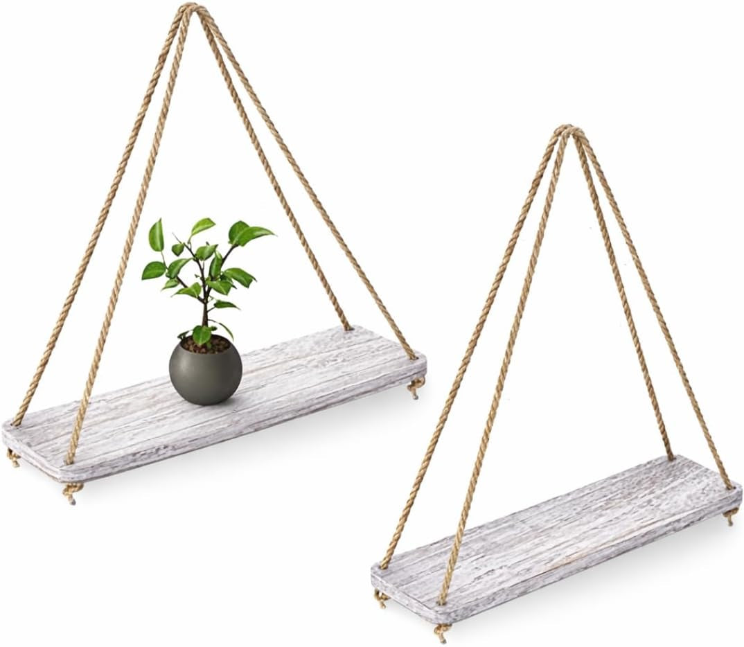 Hanging Shelves for Wall - Set of 2 – Rustic Farmhouse Boho Shelves with String – 17”X5.2” – Thick Distressed, Torched Look Real Wood - Rustic White