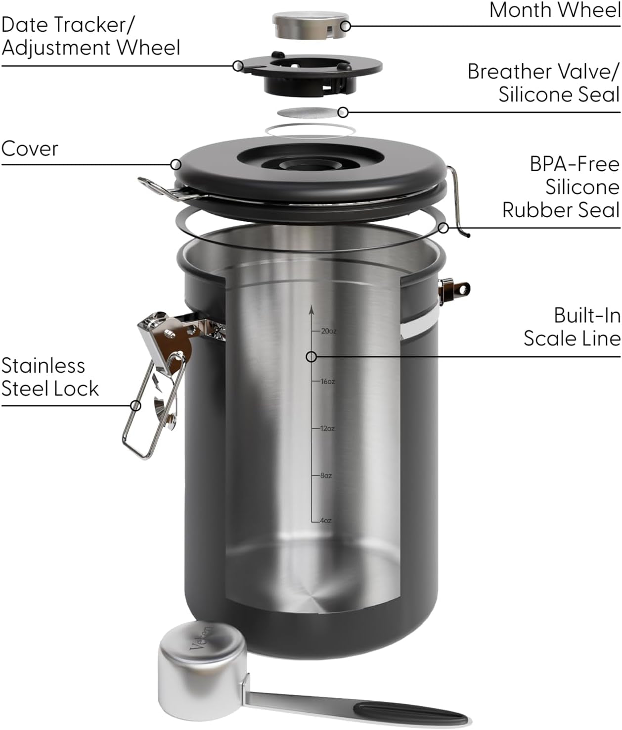 Coffee Canister with Window,Airtight Stainless Steel Pantry Container,Home Kitchen Food Storage Organizers for Ground,Beans,Espresso,Rice,Tea,Sugar,Cereal, Decor,Bar Accessories,Gifts,22Oz,Black