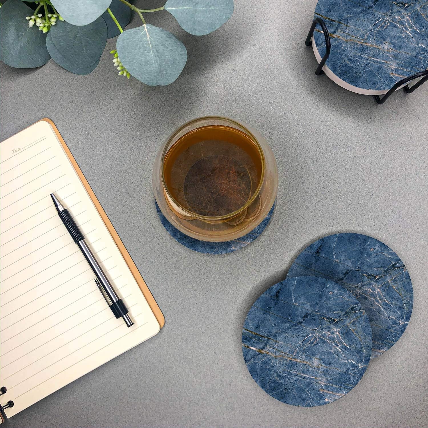 Emerson Coasters for Drinks Absorbent – Natural Stone Drink Coasters Set with Holder, Coasters for Coffee Table, Wooden Tabletop Protection Marble Style – 100% Heavy Duty Set of 6 (Ocean)