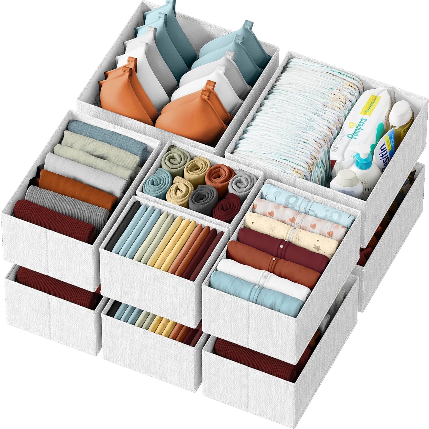 Drawer Organizer Clothes Set of 12 White-Grey - Dresser Organizer for Nursery, Bedroom, Closet - Perfect Baby Clothes Organizer and Storage & General Nursery Organization or Dresser Drawer Organizers