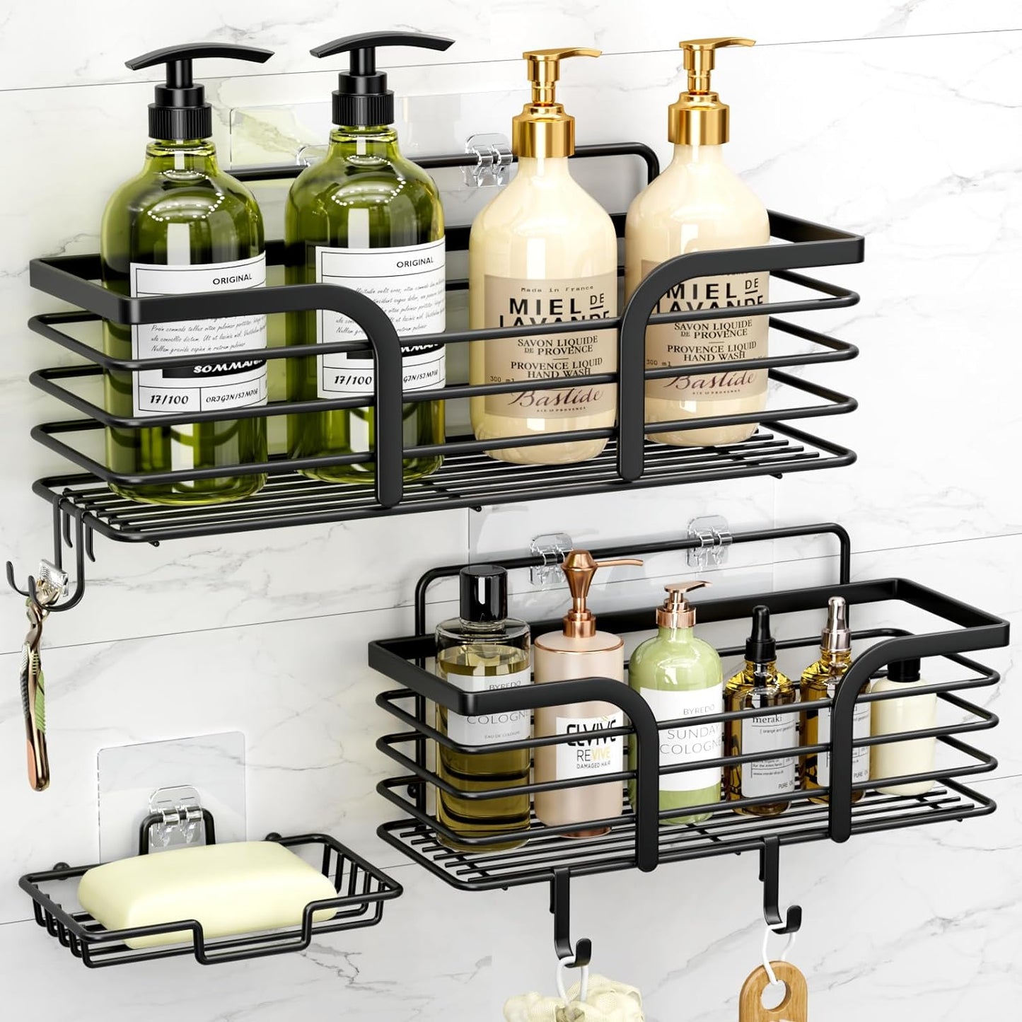 Shower Caddy, Shower Organizer with Soap Holder and Hooks, Rustproof Shower Shelves, No Drilling Bathroom Organizers and Storage, Wall-Mounted Kitchen & Home Decor (Black)