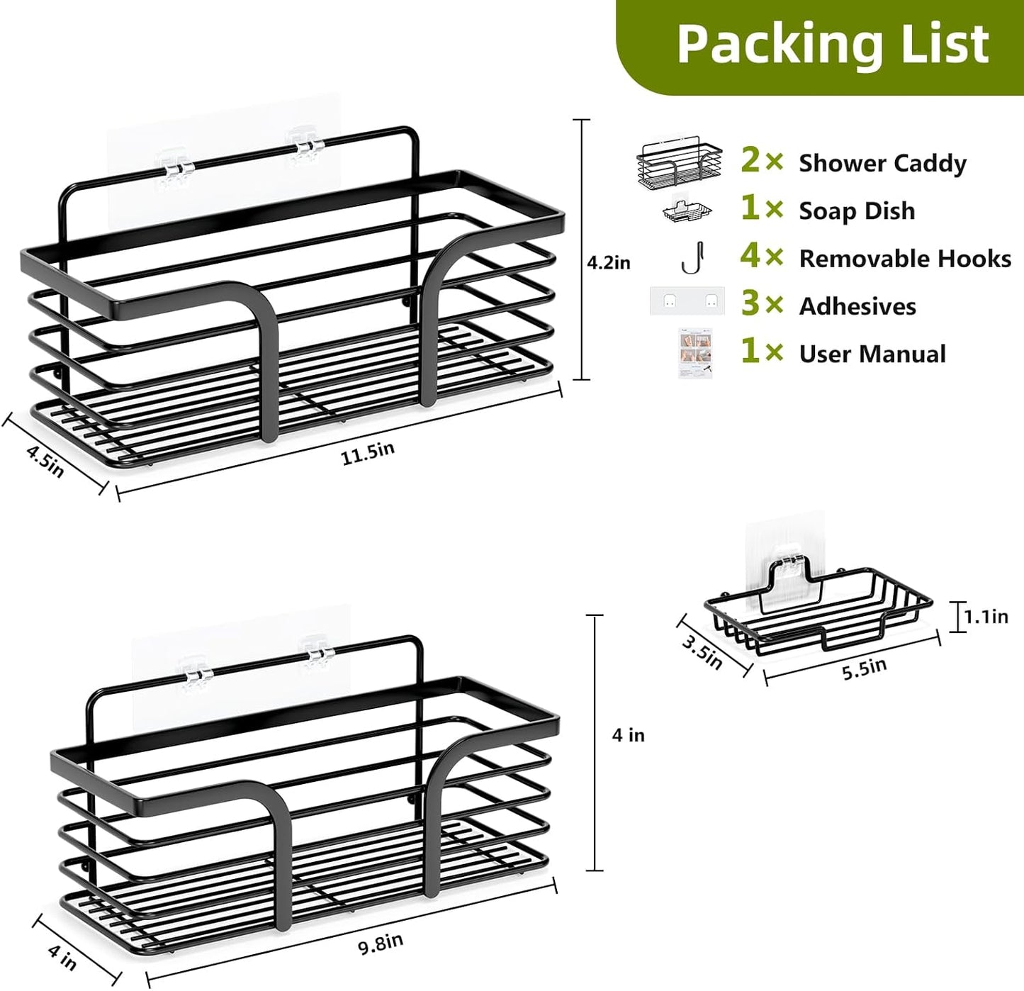 Shower Caddy, Shower Organizer with Soap Holder and Hooks, Rustproof Shower Shelves, No Drilling Bathroom Organizers and Storage, Wall-Mounted Kitchen & Home Decor (Black)