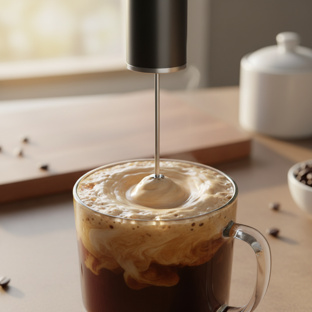 Electric milk frother creating creamy foam in coffee cup