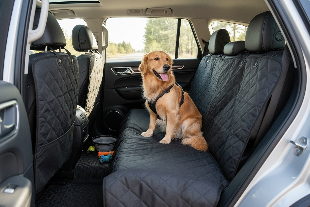Happy dog sitting on waterproof car seat cover in SUV