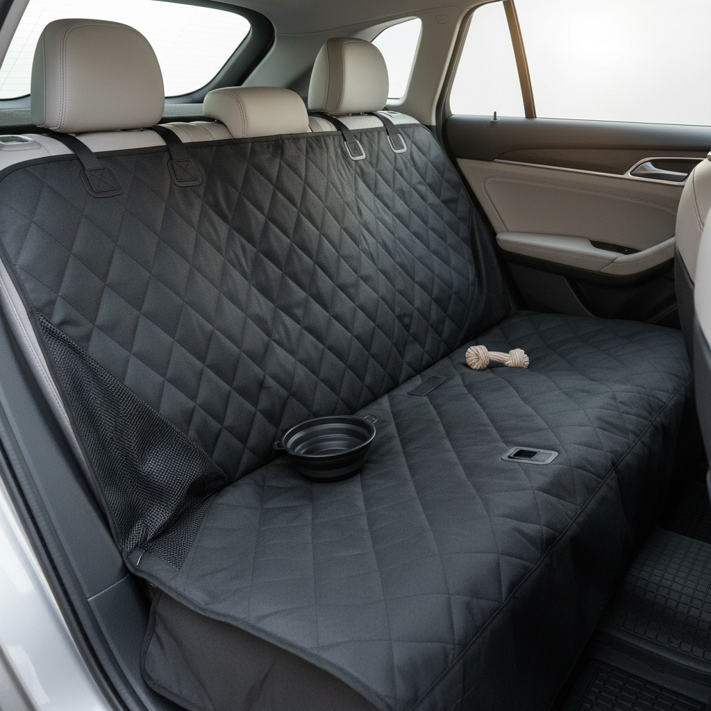 Black waterproof dog car seat cover protecting back seat