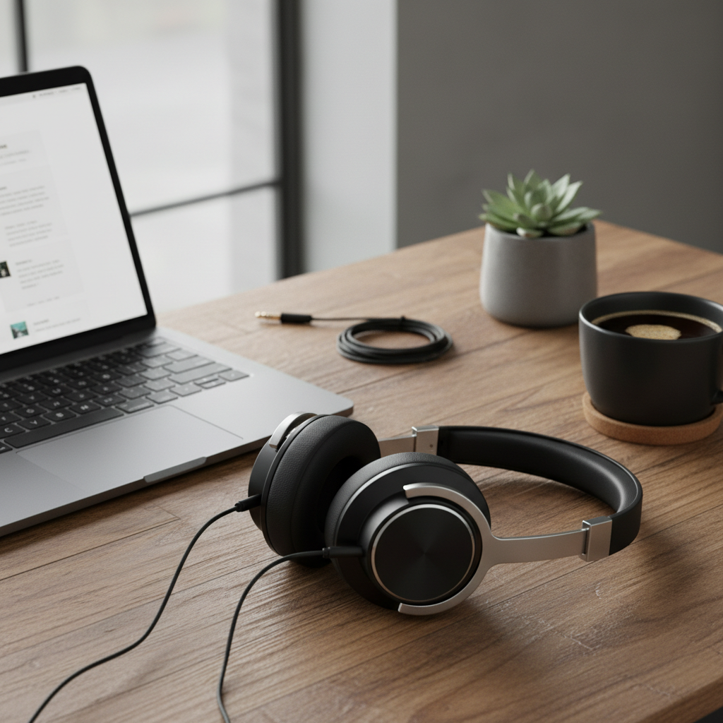 Premium bluetooth headphones on desk with laptop