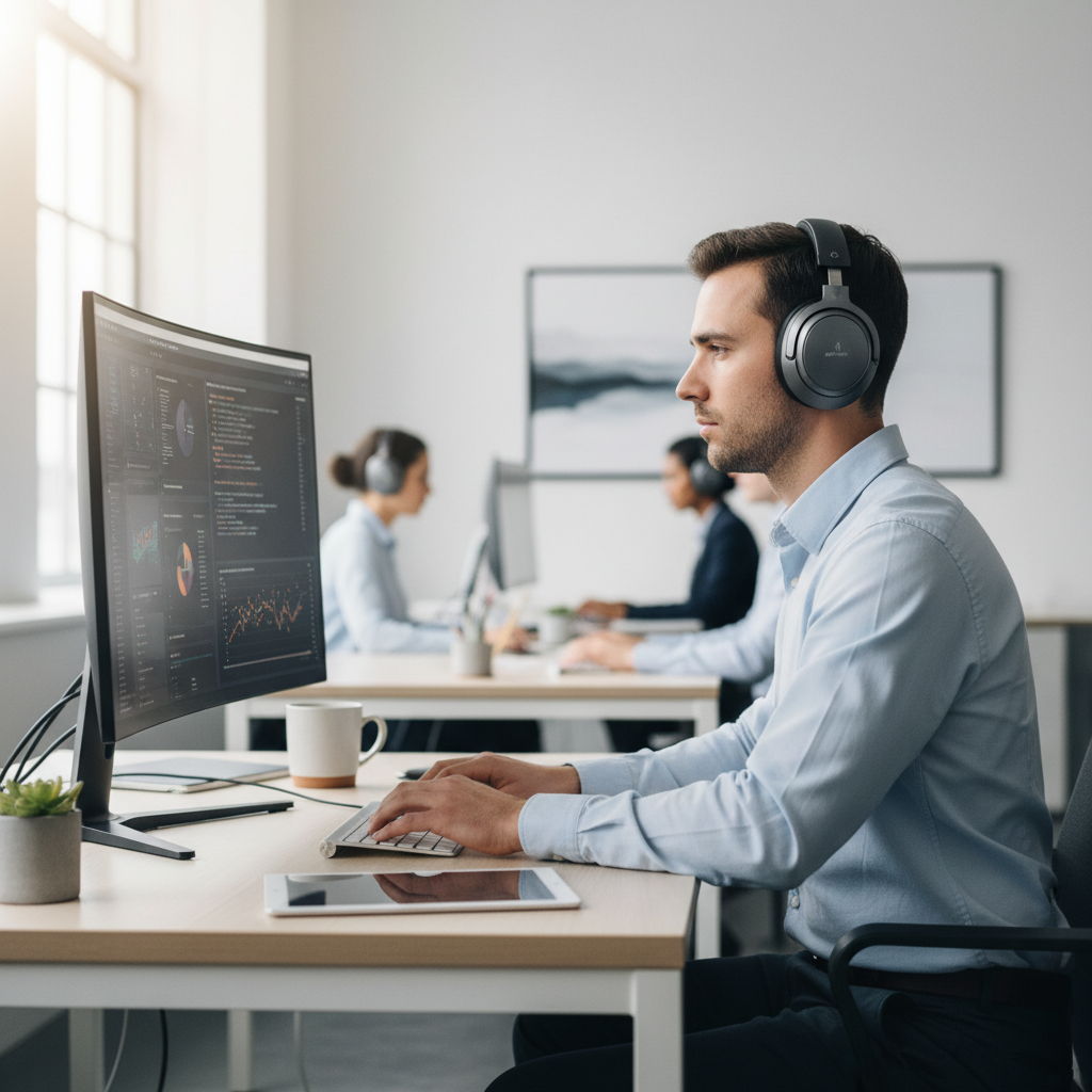 Person wearing premium ANC headphones while working